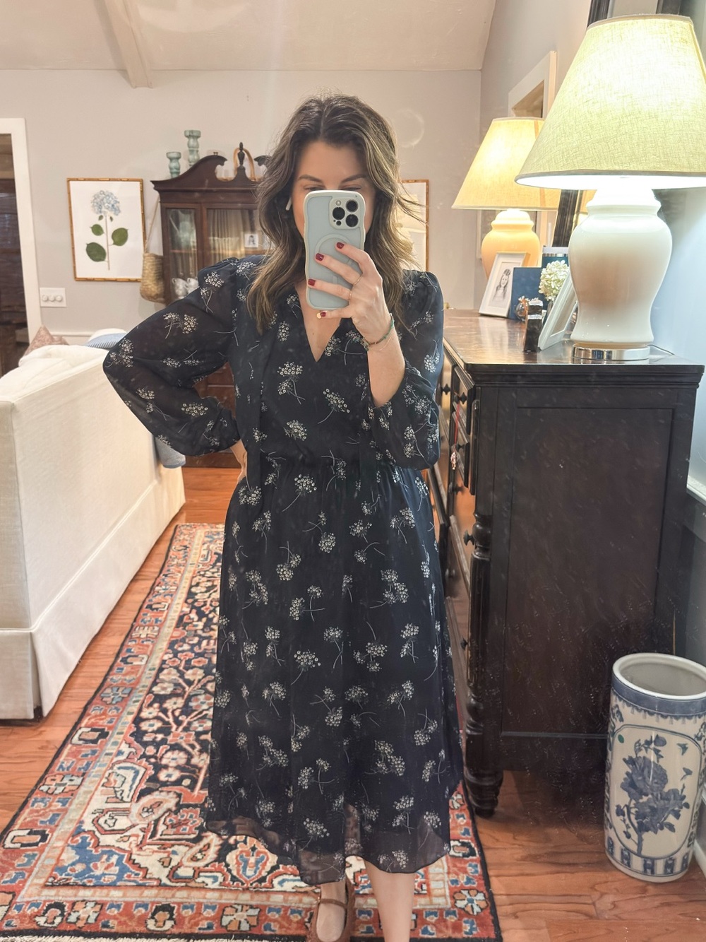 Navy Floral Midi Dress with V-Neck